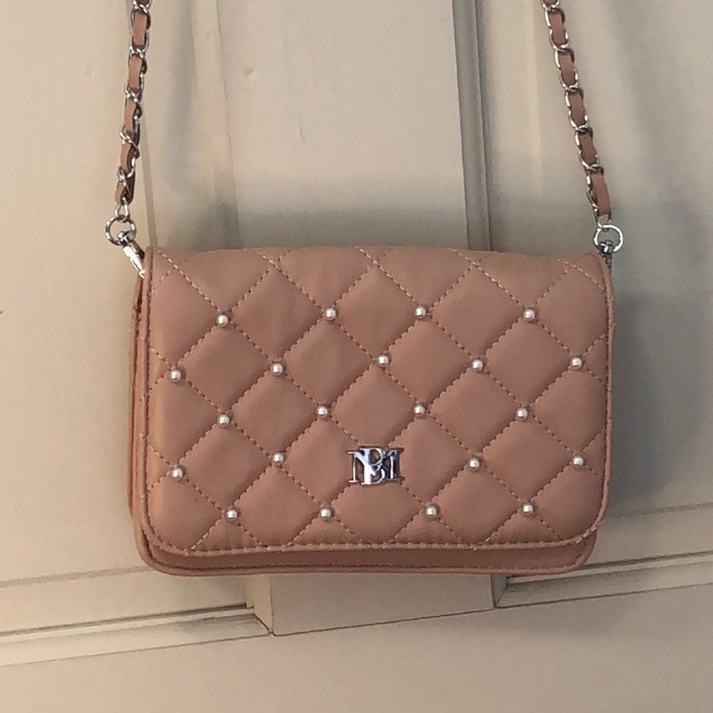 Pink Badgley Mishka Quilted Crossbody Bag with silver and pear details